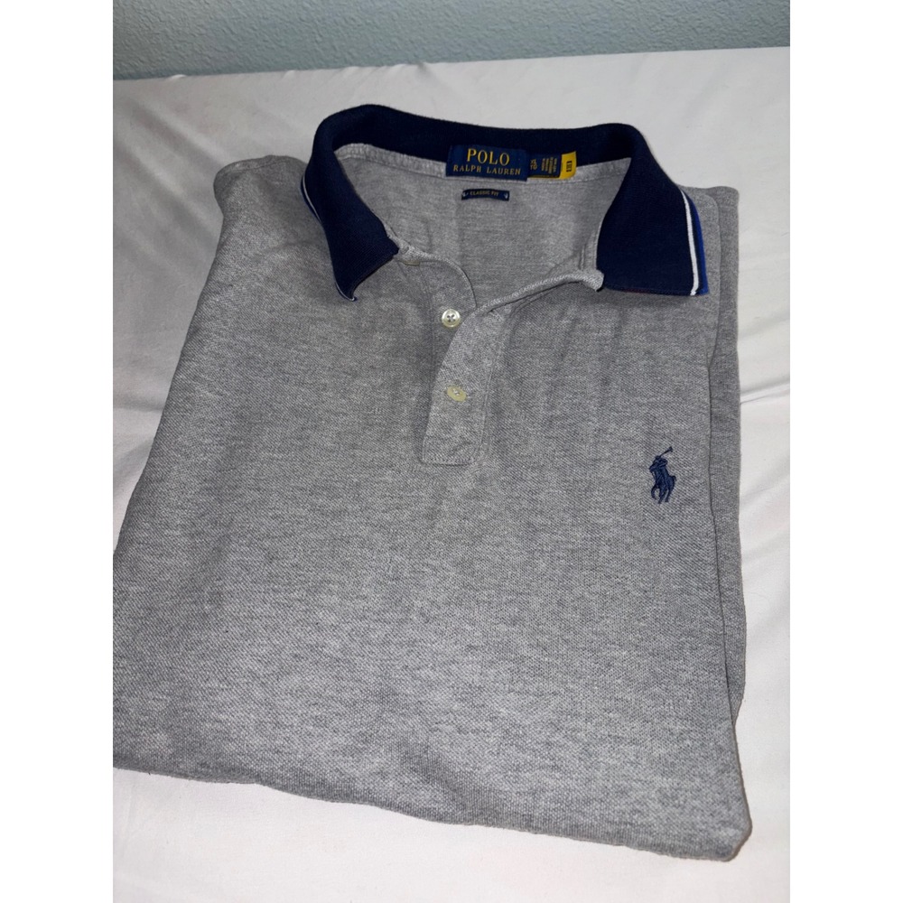 Polo Ralph Lauren Mens XL Classic Fit Gray Pique Short Sleeve Polo Shirt Navy